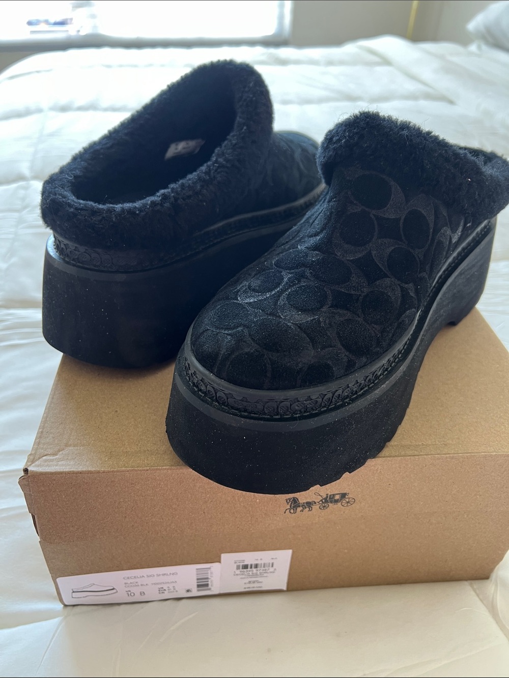 Coach Black Suede Signature Platform Shearling Mules